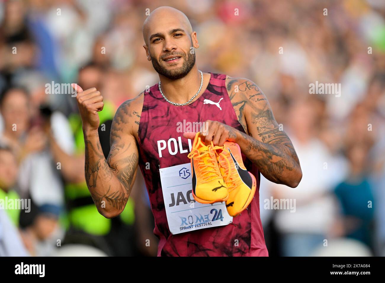 Rome, Italy. 18th May, 2024. Italy's Marcell Jacobs, Olympic champion ...