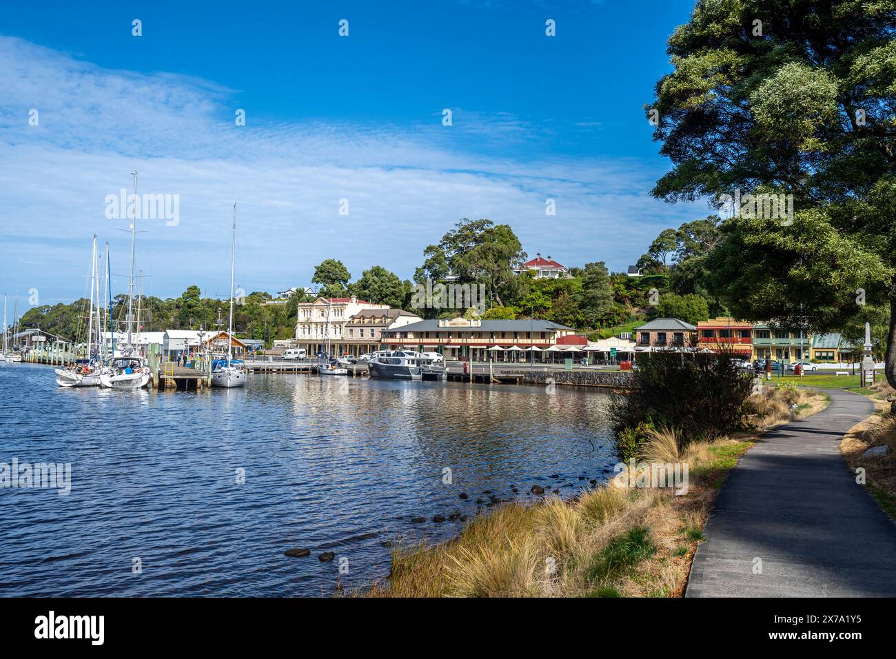 Strahan waterfront and town wharf, Strahan, West Coast Tasmania Stock Photo