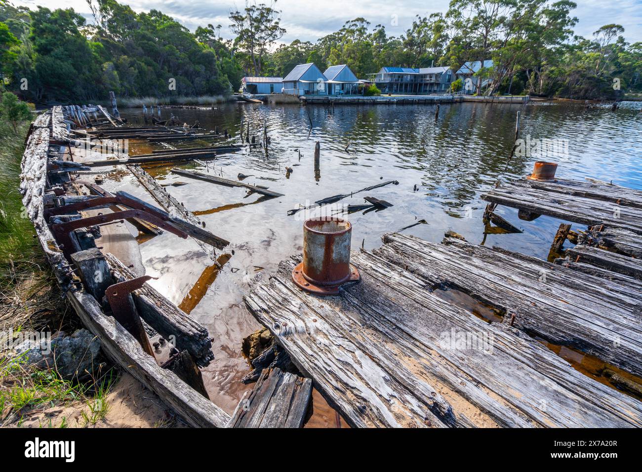 Remains of wooden timber barges abandoned and rotting in Risby Cove ...