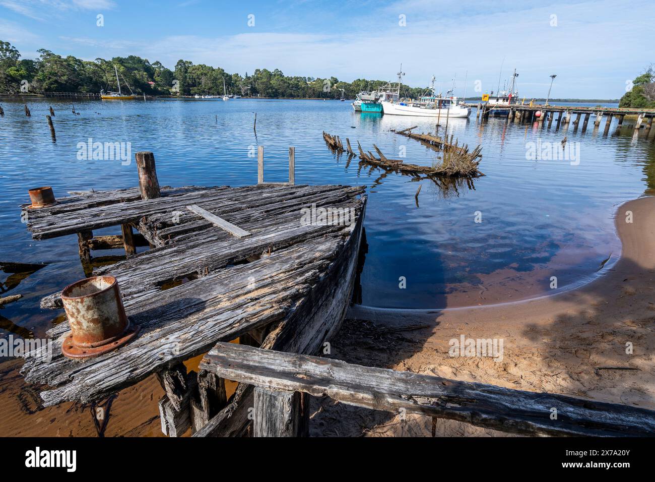 Remains of wooden timber barges abandoned and rotting in Risby Cove ...