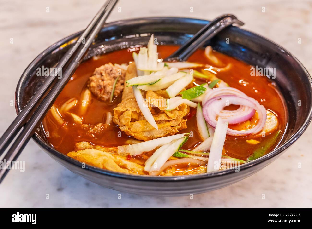 Curry Laksa, traditional spicy noodle soup in Melaca, Malaysia Stock Photo