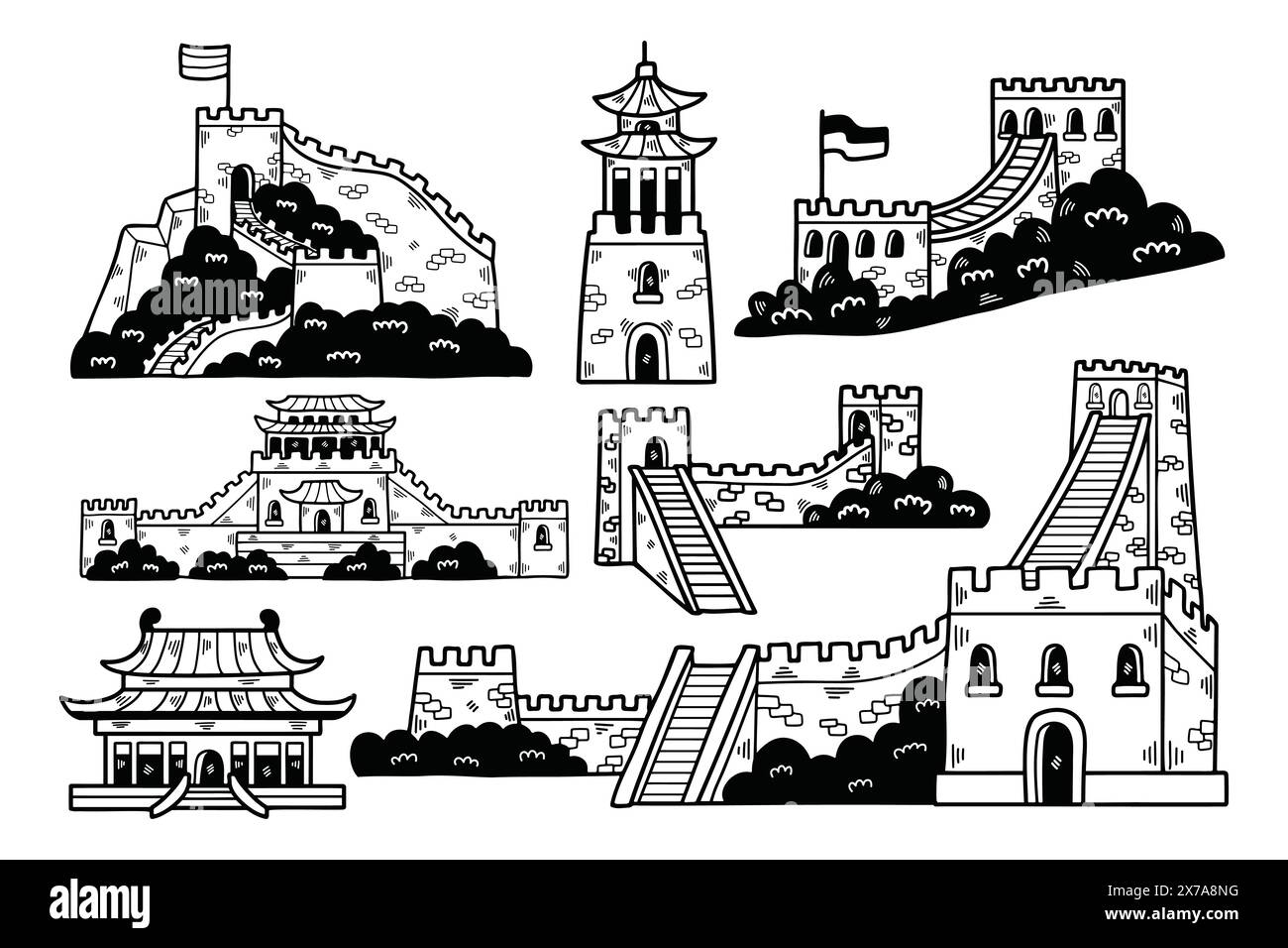 a Illustration of Chinese buildings and the Great Wall Hand drawn in line style. Stock Vector