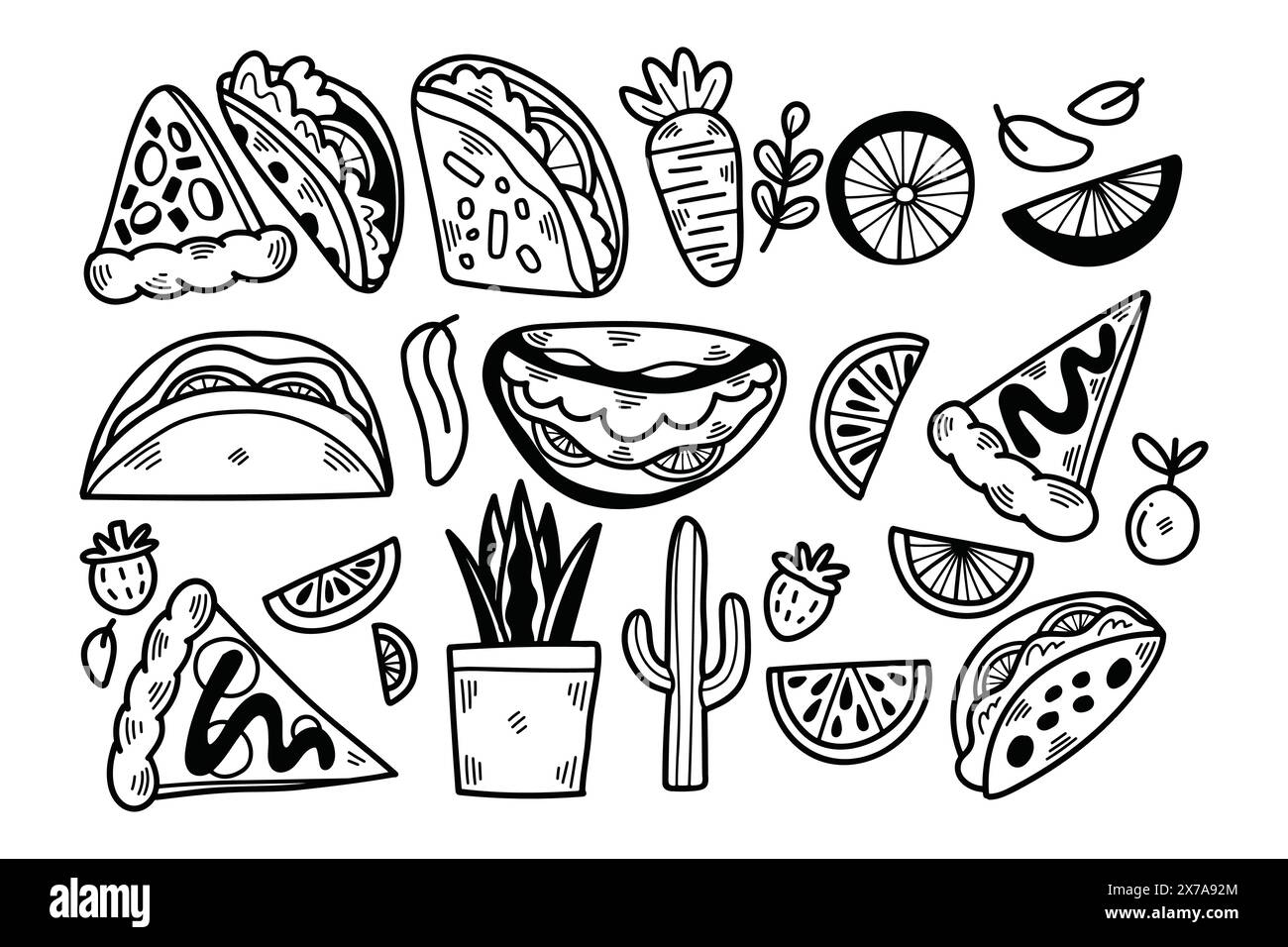 A black and white drawing of various foods, including pizza, carrots, and a hot dog. The drawing is of a restaurant menu, and the idea is to showcase Stock Vector