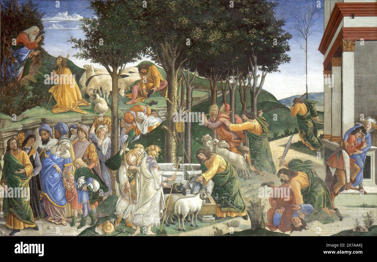 The Youth of Moses or The Trials of Moses is a fresco by the Italian Renaissance painter Sandro Botticelli and his workshop, executed in 1481–1482 in the Sistine Chapel, Rome Stock Photo