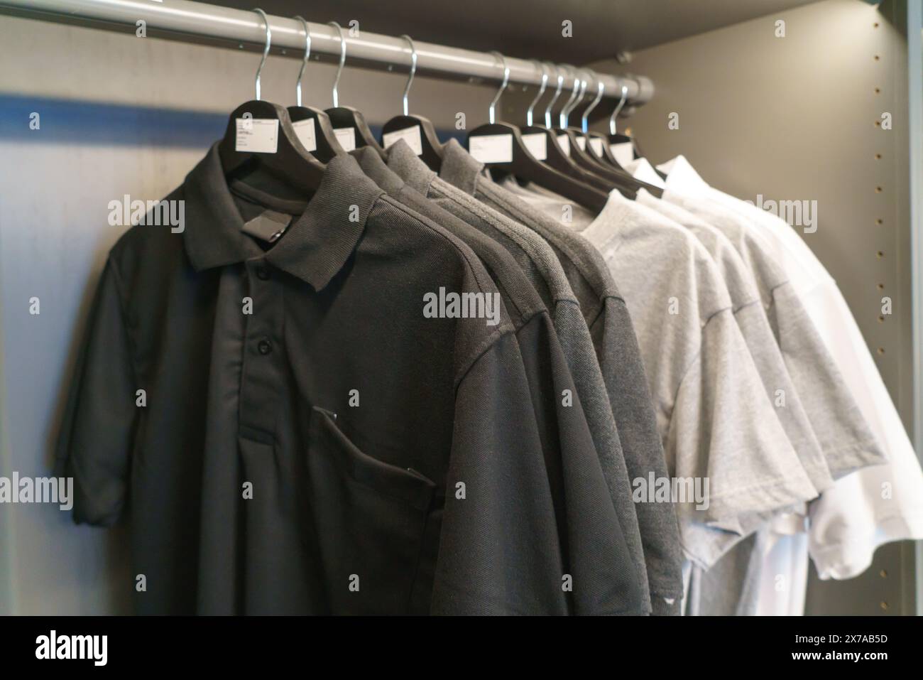 Neatly organized closet featuring a collection of men's polo shirts Stock Photo
