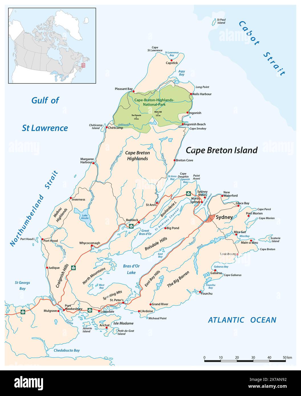 Vector road map of Cape Breton Island, Nova Scotia, Canada Stock Photo