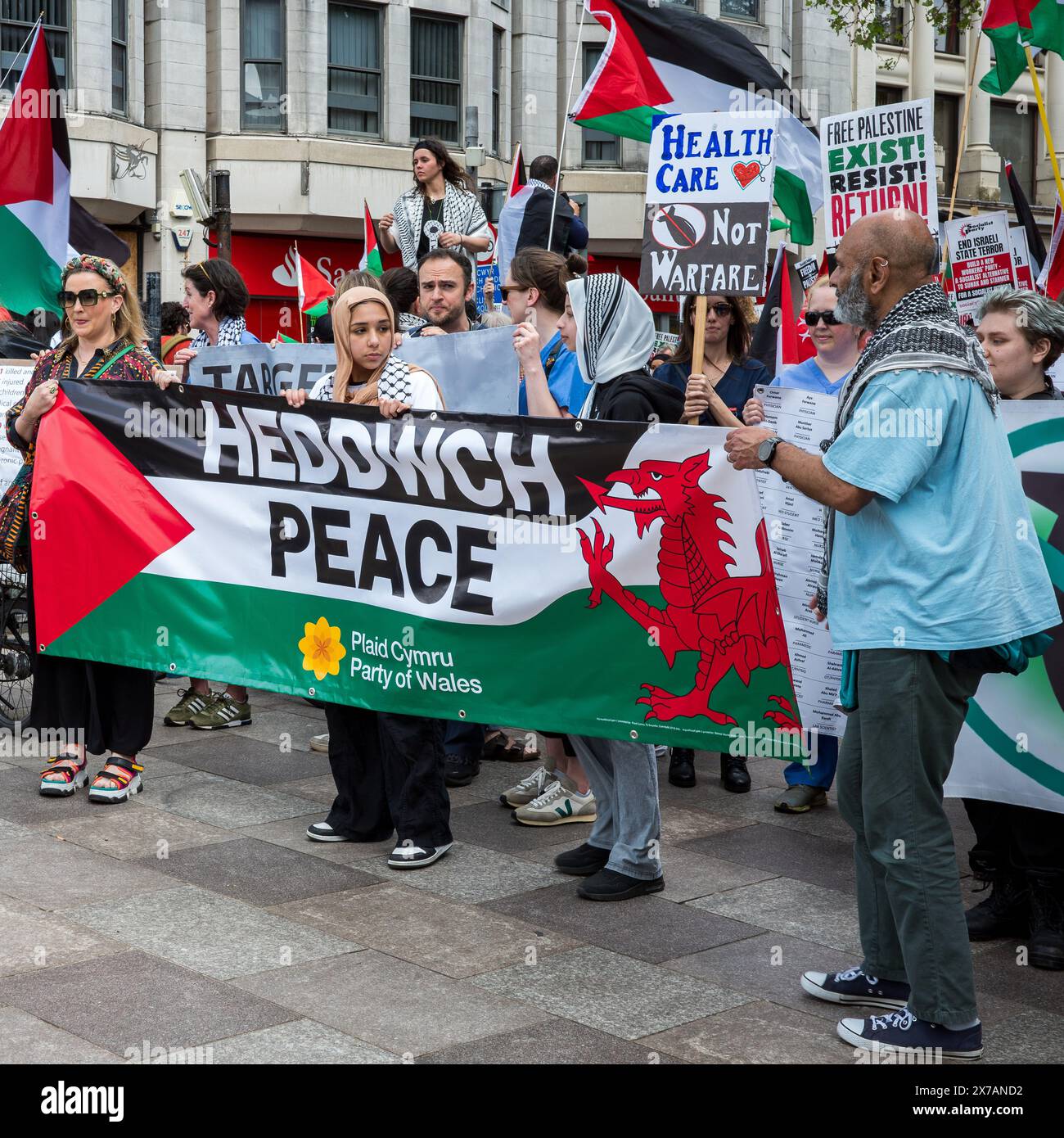 Demonstrators in a Plaid Cymru Pro-Palestine and Anti-Israel street