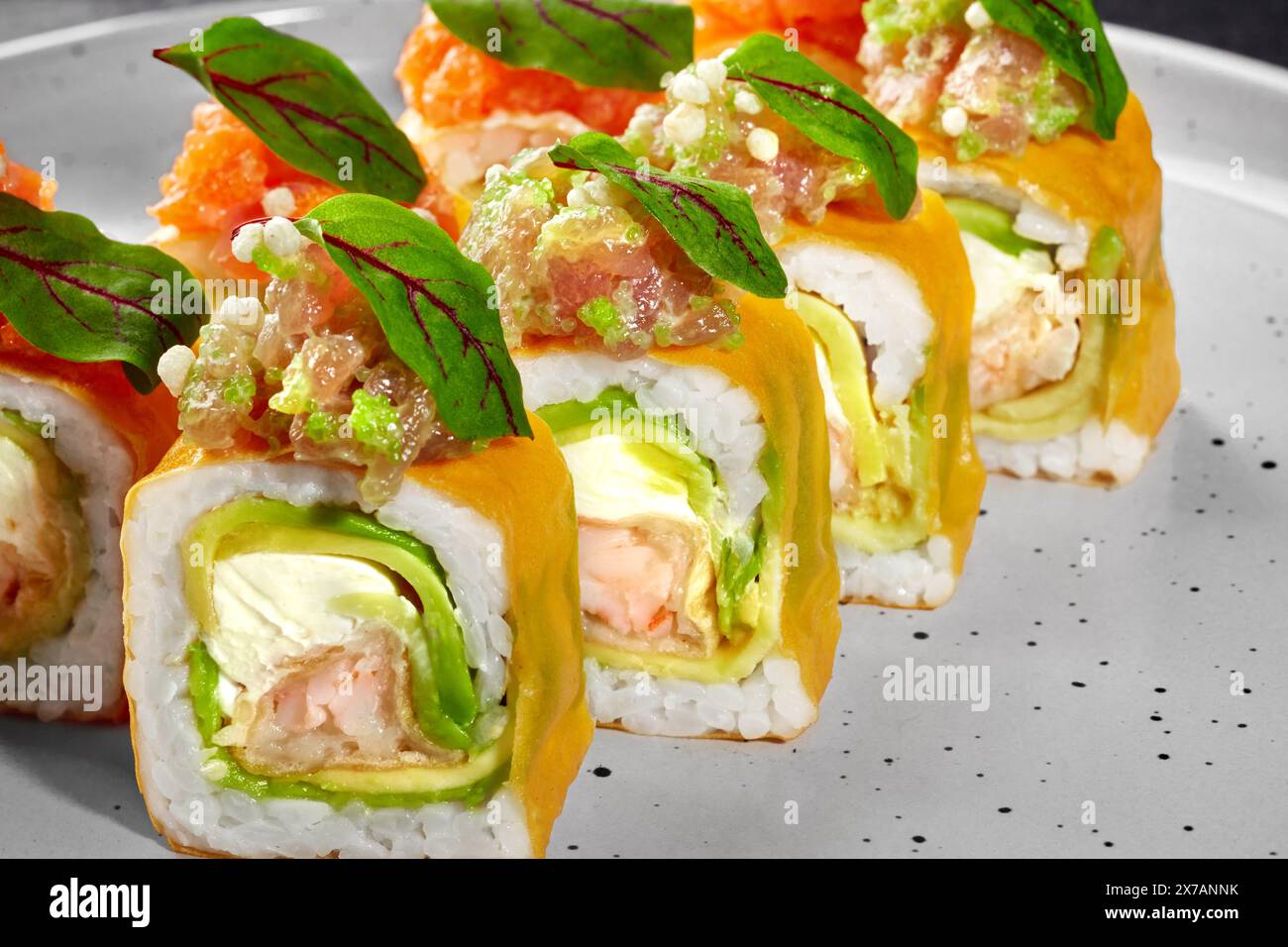 Colorful mamenori sushi rolls with tempura shrimp and salmon Stock ...