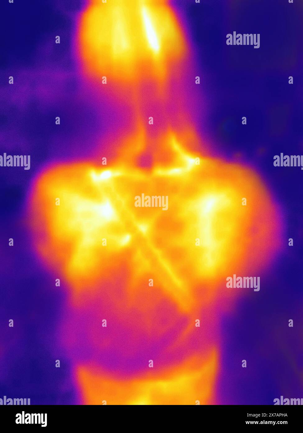 The image from the thermal imager device. Human heat map. Blurred