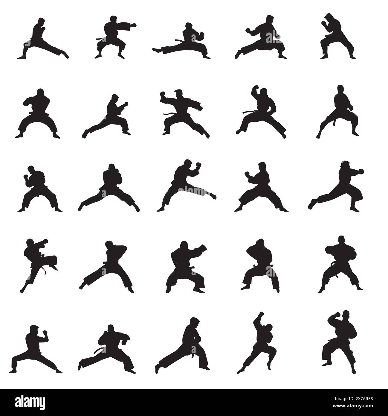 Silhouette Vector for a Karate man doing multiple moves, Martial arts Silhouettes. Stock Vector