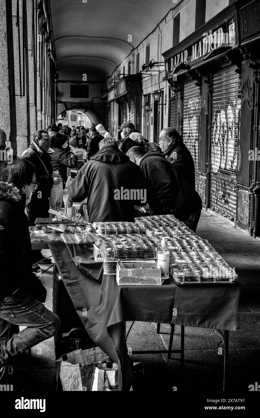 Stamp and Coin Market, Plaza Mayor, Madrid, Spain. February 2022 Stock Photo