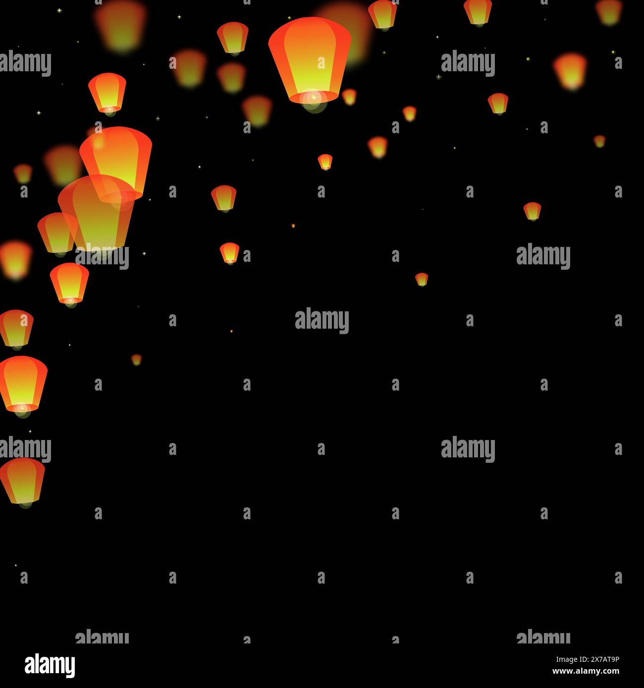 Sky lanterns floating in the night sky. Thailand holiday with paper