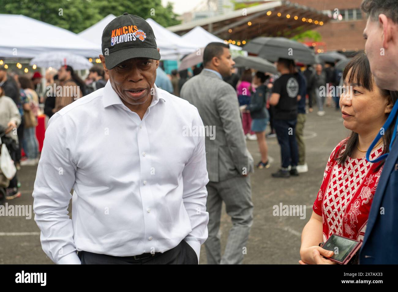 New York City Mayor Eric Adams talks to New Yorkers at the Indonesian