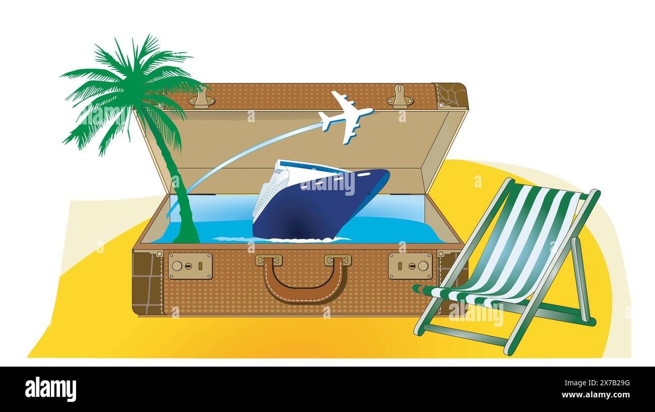 Vacation and travel with luggage, illustration Stock Vector