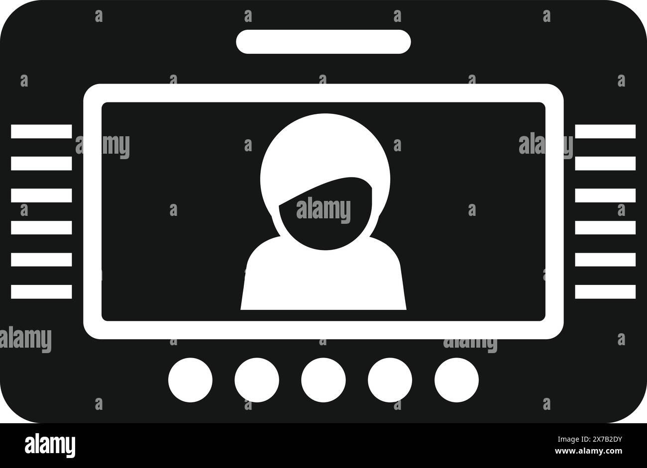 Black and white icon featuring a stylized avatar on an electronic device screen, suitable for user interface design Stock Vector