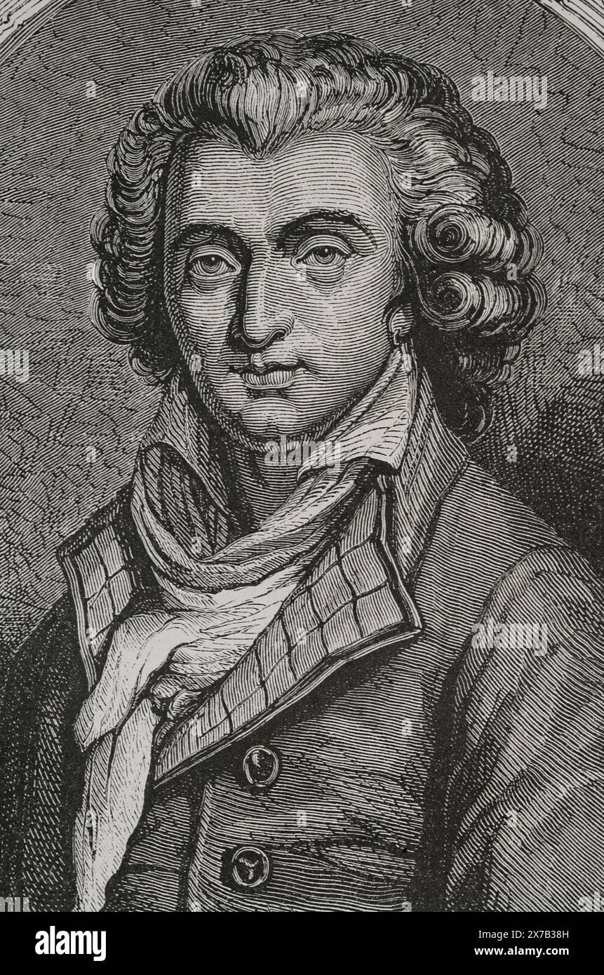 Fabre d'Eglantine (Philippe-François-Nazaire Fabre) (1750-1794). French actor, playwright, poet and politician. He was president of the Club des Cordeliers (Cordeliers Club) and deputy to the National Convention. He took part in the creation of the French Revolutionary calendar. He was guillotined on 5 April 1794. Portrait. Engraving. 'History of the French Revolution'. Volume I, 1876. Stock Photo