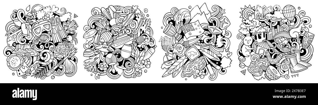 Australia cartoon vector doodle designs set. Sketchy detailed compositions with lot of traditional symbols. Isolated on white illustrations Stock Vector