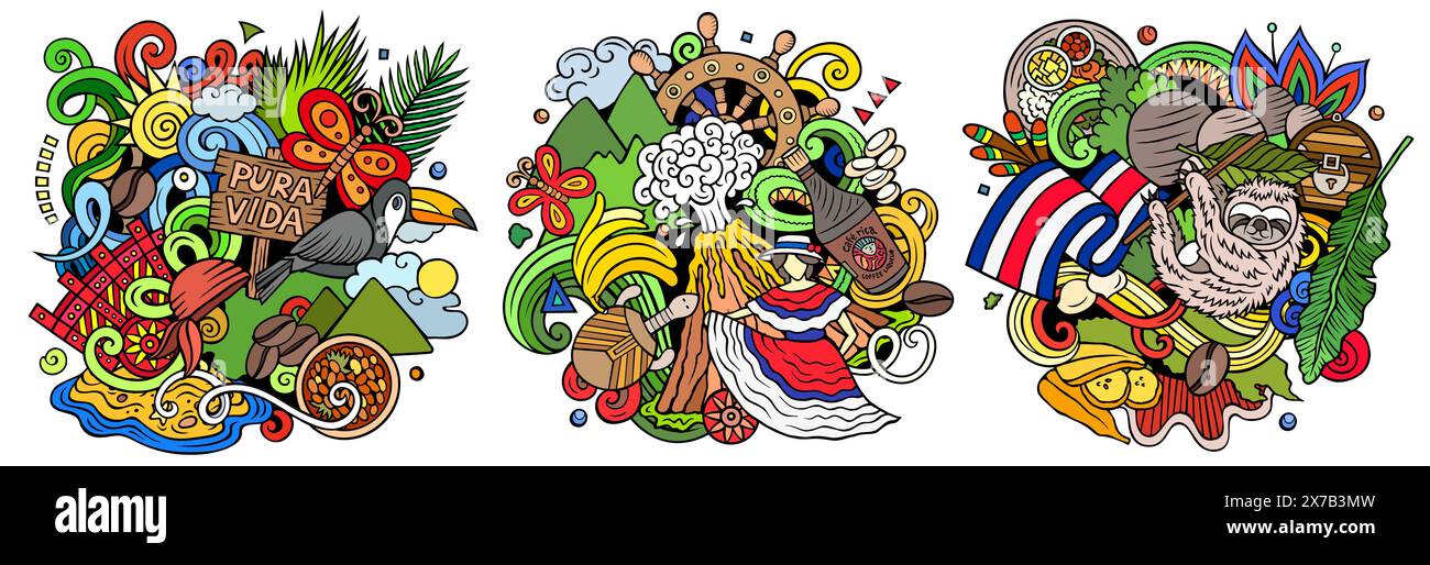 Costa Rica cartoon vector doodle designs set. Colorful detailed ...