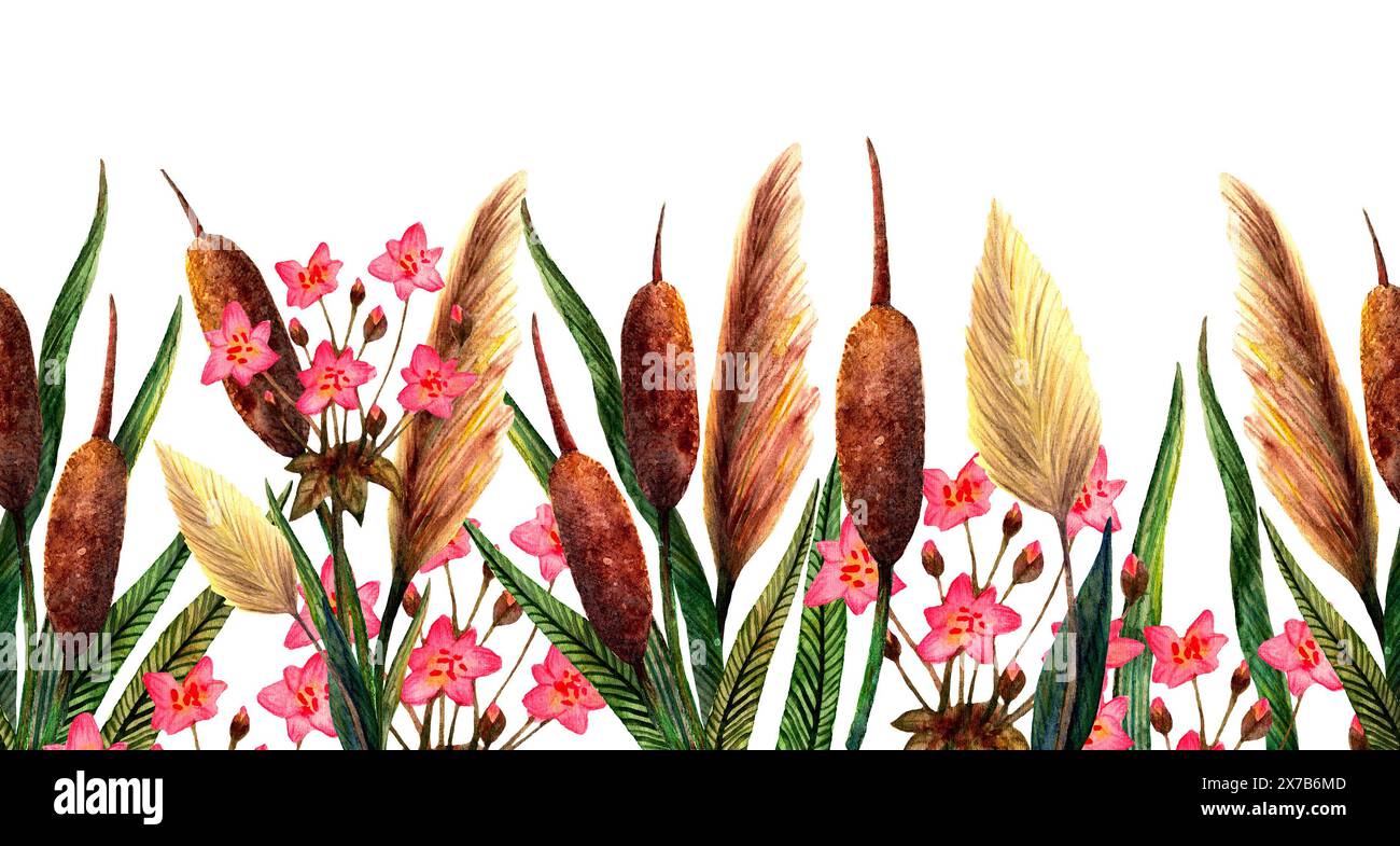 Botanical watercolor border with cattails and pink flowers, great for ...