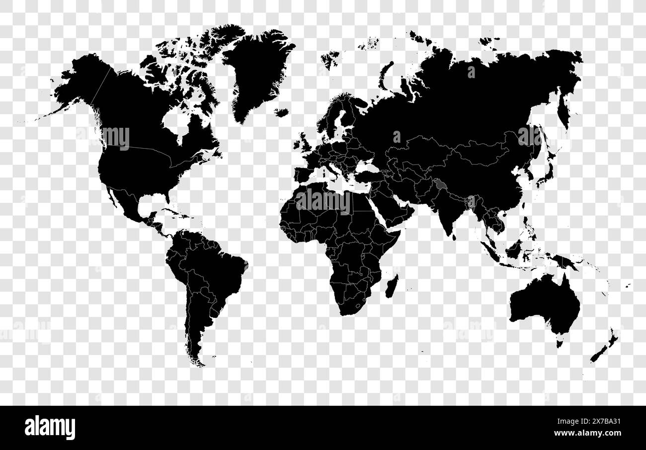 Hi Detail Black Vector Political World Map illustration on transparent ...