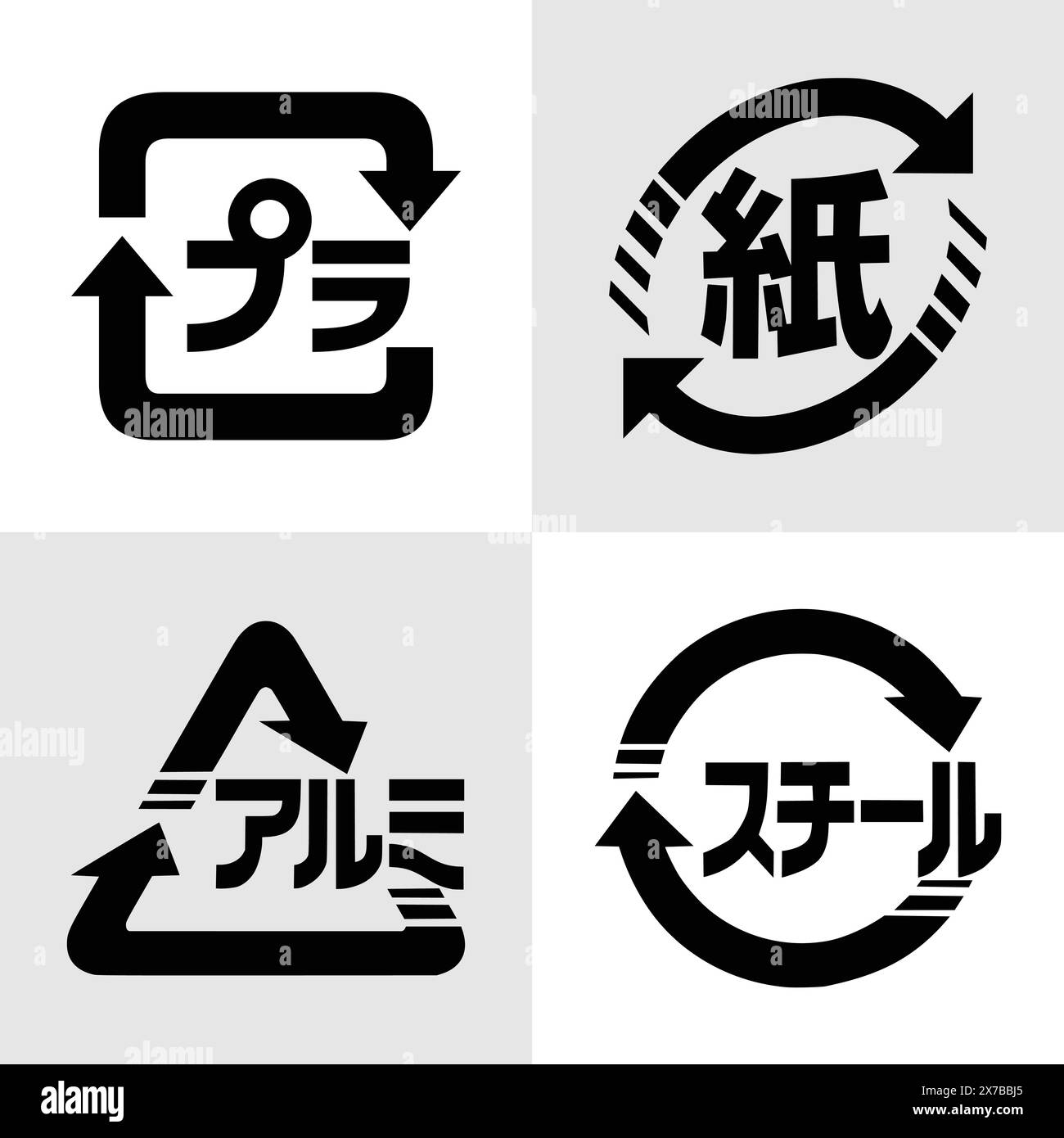 Japanese recycling Icon Set Plastic, Paper, Aluminium and Steel. Set