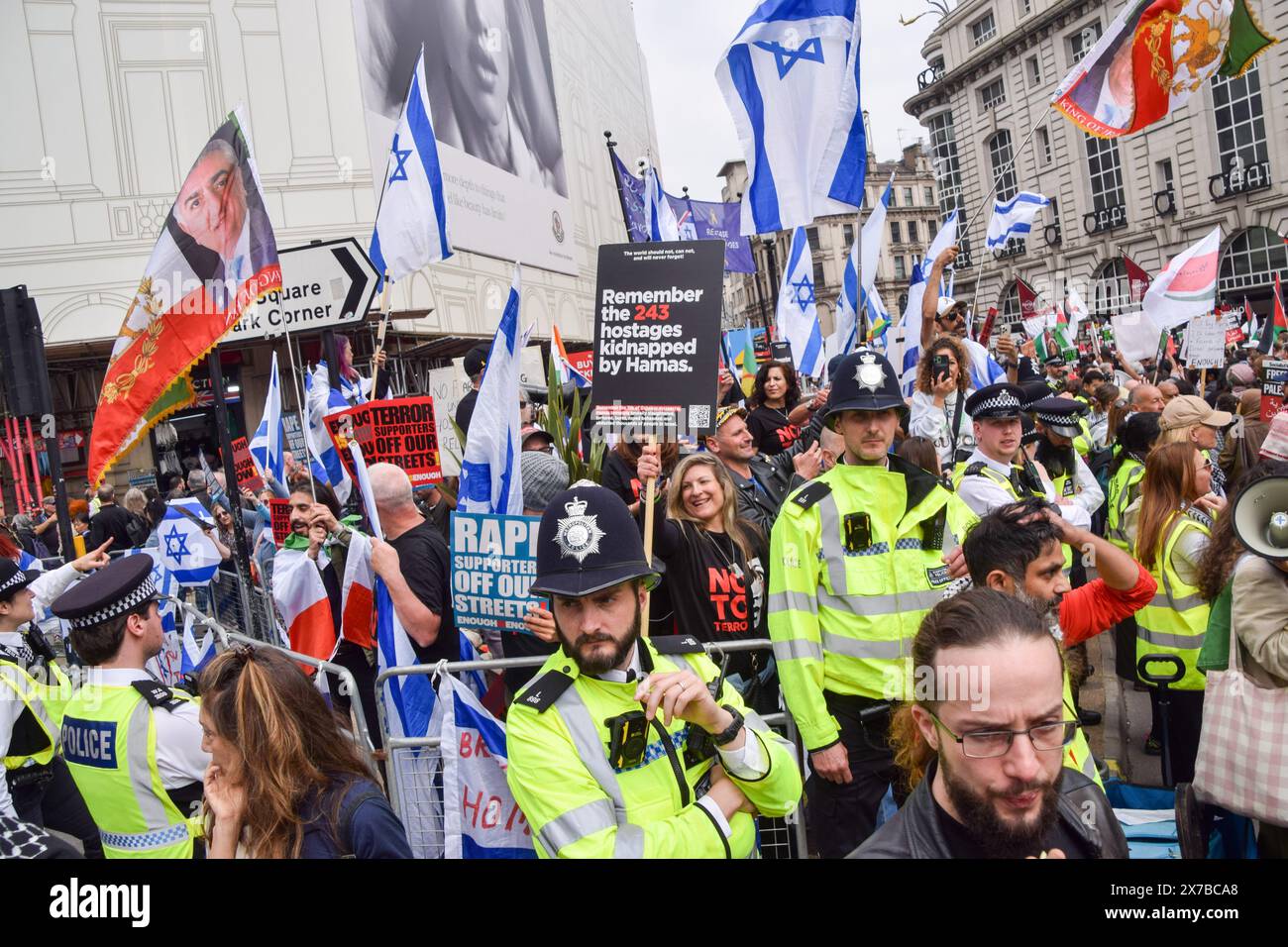 London, UK. 18th May 2024. Pro-Israel supporters stage a counter-protester in Piccadilly Circus. Thousands of people marched in solidarity with Palestine on the 76th anniversary of the Nakba, as Israel continues its attacks on Gaza. Credit: Vuk Valcic/Alamy Live News Stock Photo
