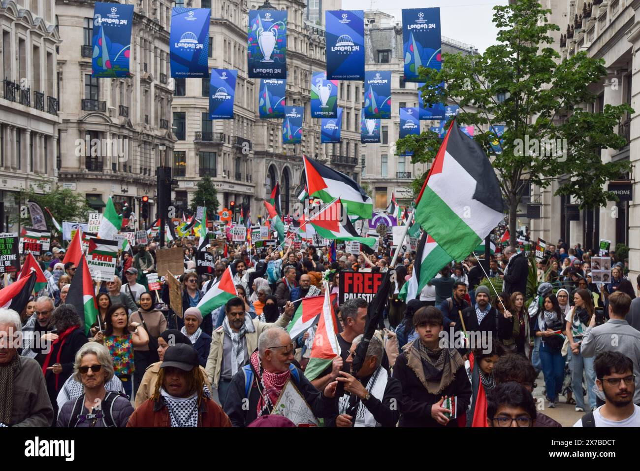London, UK. 18th May 2024. Pro-Palestine protesters in Regent Street. Thousands of people marched in solidarity with Palestine on the 76th anniversary of the Nakba, as Israel continues its attacks on Gaza. Credit: Vuk Valcic/Alamy Live News Stock Photo