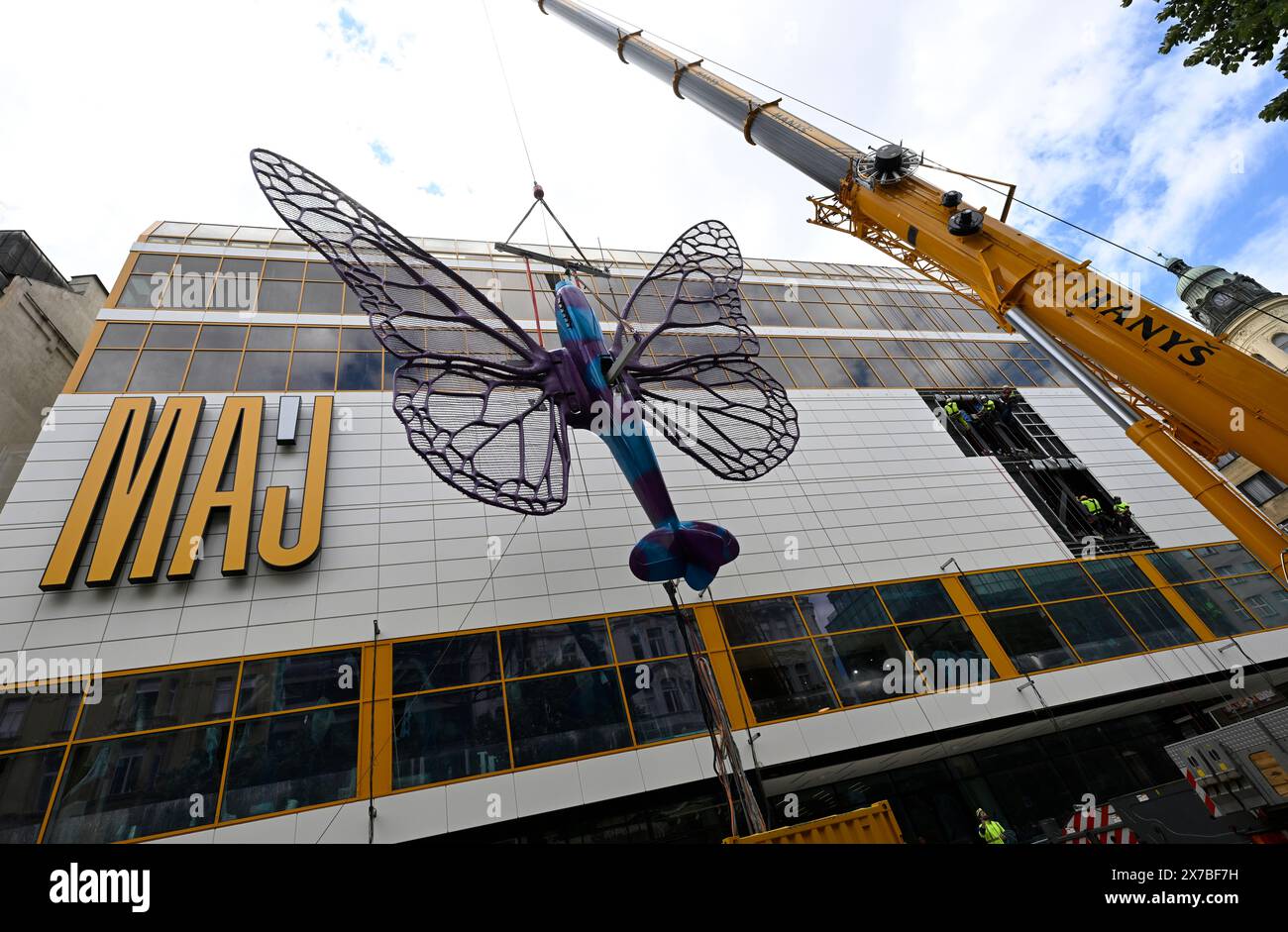 Prague, Czech Republic. 19th May, 2024. Installation of artworks on the facade of renovated Maj department store on 19 May 2024, Prague, Czech Republic. The author of two several-metre-long moving sculptures of butterflies, whose fuselages are imitations of spitfire fighters, is Czech artist David Cerny. They are to become a tribute to Czechoslovak pilots who fought in the Second World War. The civic association Klub za starou Prahu (Club for Old Prague) disagrees with the placement, saying it is typical kitsch. Credit: Katerina Sulova/CTK Photo/Alamy Live News Stock Photo