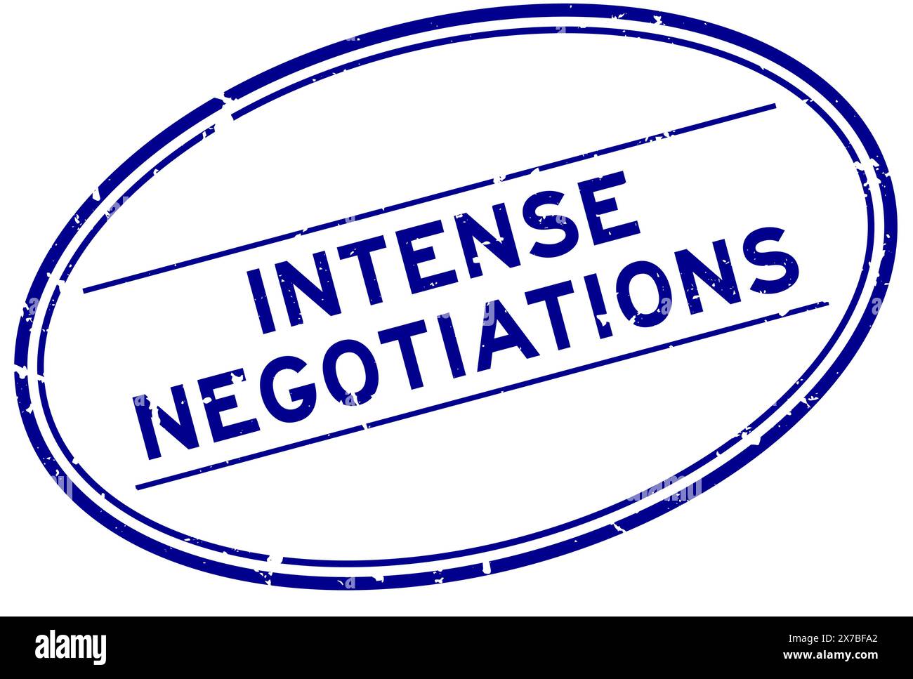 Grunge blue intense negotiations word oval rubber seal stamp on white ...