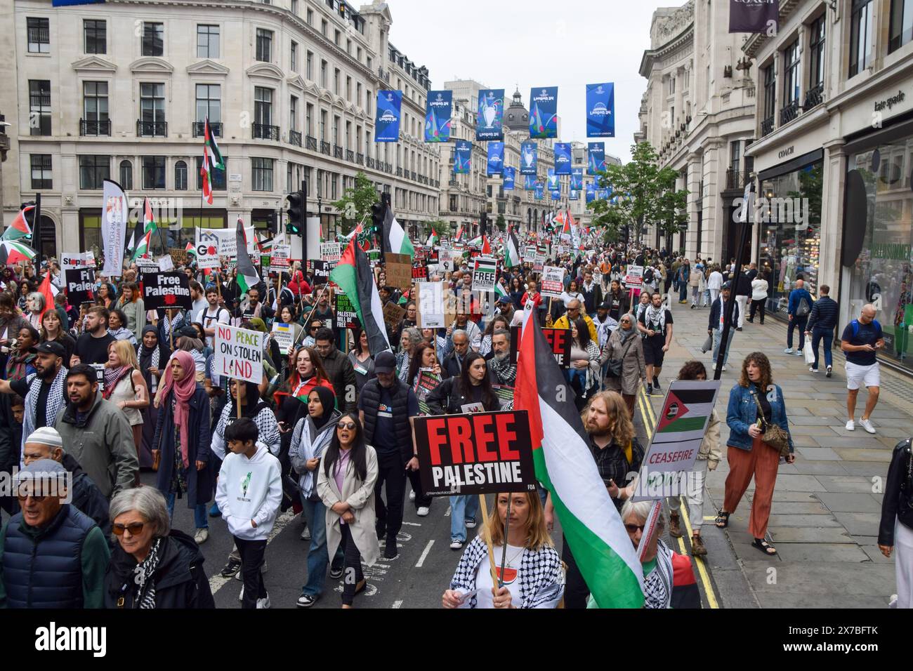 London, UK. 18th May 2024. Pro-Palestine protesters in Regent Street. Thousands of people marched in solidarity with Palestine on the 76th anniversary of the Nakba, as Israel continues its attacks on Gaza. Credit: Vuk Valcic/Alamy Live News Stock Photo
