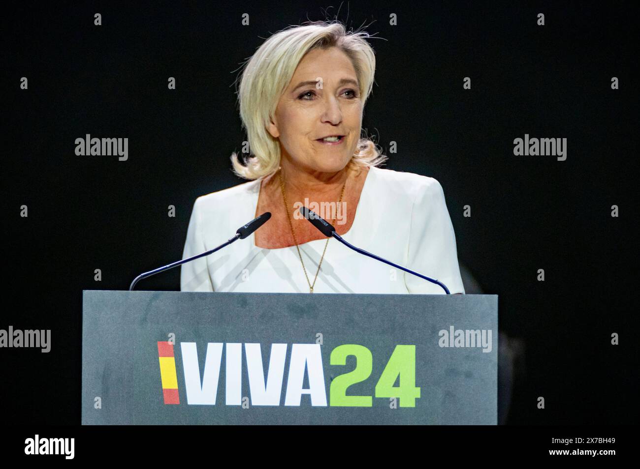 Europa Viva 24: political convention organized by the far-right Spanish party VOX Marine Le Pen, leader of the French far-right political party Rassemblement National, seen speaking during the political convention Europa Viva 24 organized by the far-right Spanish party VOX at Palacio de Vistalegre on May 19, 2024 in Madrid, Spain. Madrid Palacio de Vistalegre Madrid Spain Copyright: xAlbertoxGardinx AGardin 20240519 Vox Viva24 125 Stock Photo