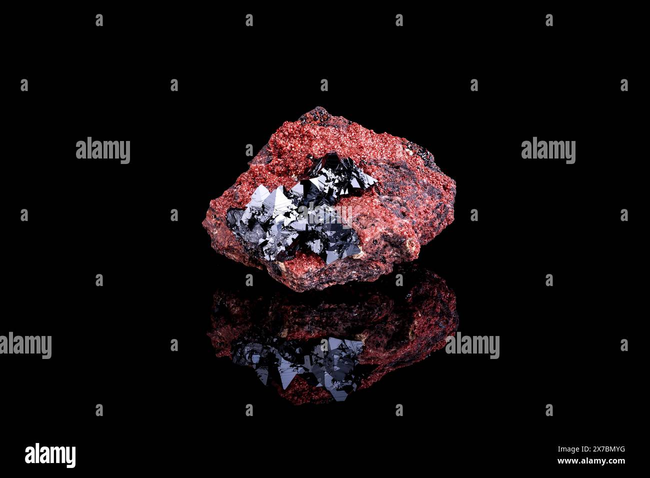 Black Hausmannite on red andradite photography isolated on black ...