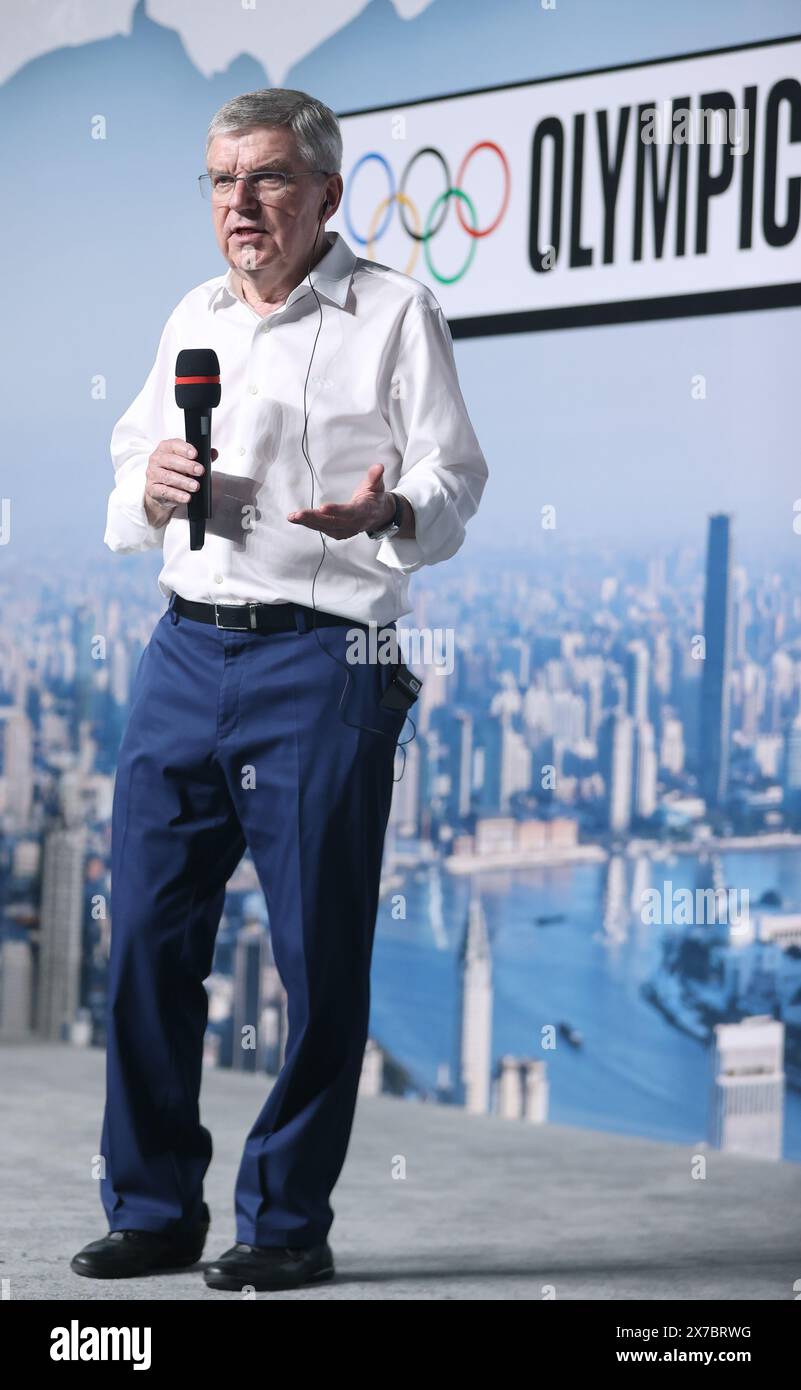 Shanghai. 19th May, 2024. International Olympic Committee (IOC) president Thomas Bach answers media at a press conference in media center of the Olympic Qualifier Series Shanghai in east China's Shanghai, May 19, 2024. Credit: Jia Haocheng/Xinhua/Alamy Live News Stock Photo