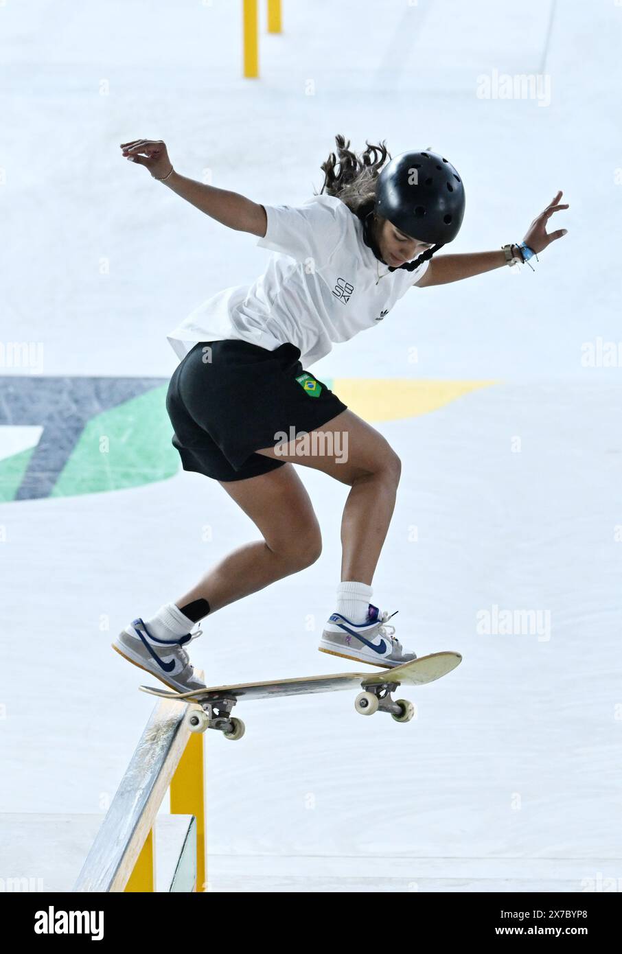 Shanghai. 19th May, 2024. Rayssa Leal of Brazil competes during the women's street final of skateboarding at the Olympic Qualifier Series Shanghai in east China's Shanghai, May 19, 2024. Credit: Tao Xiyi/Xinhua/Alamy Live News Stock Photo