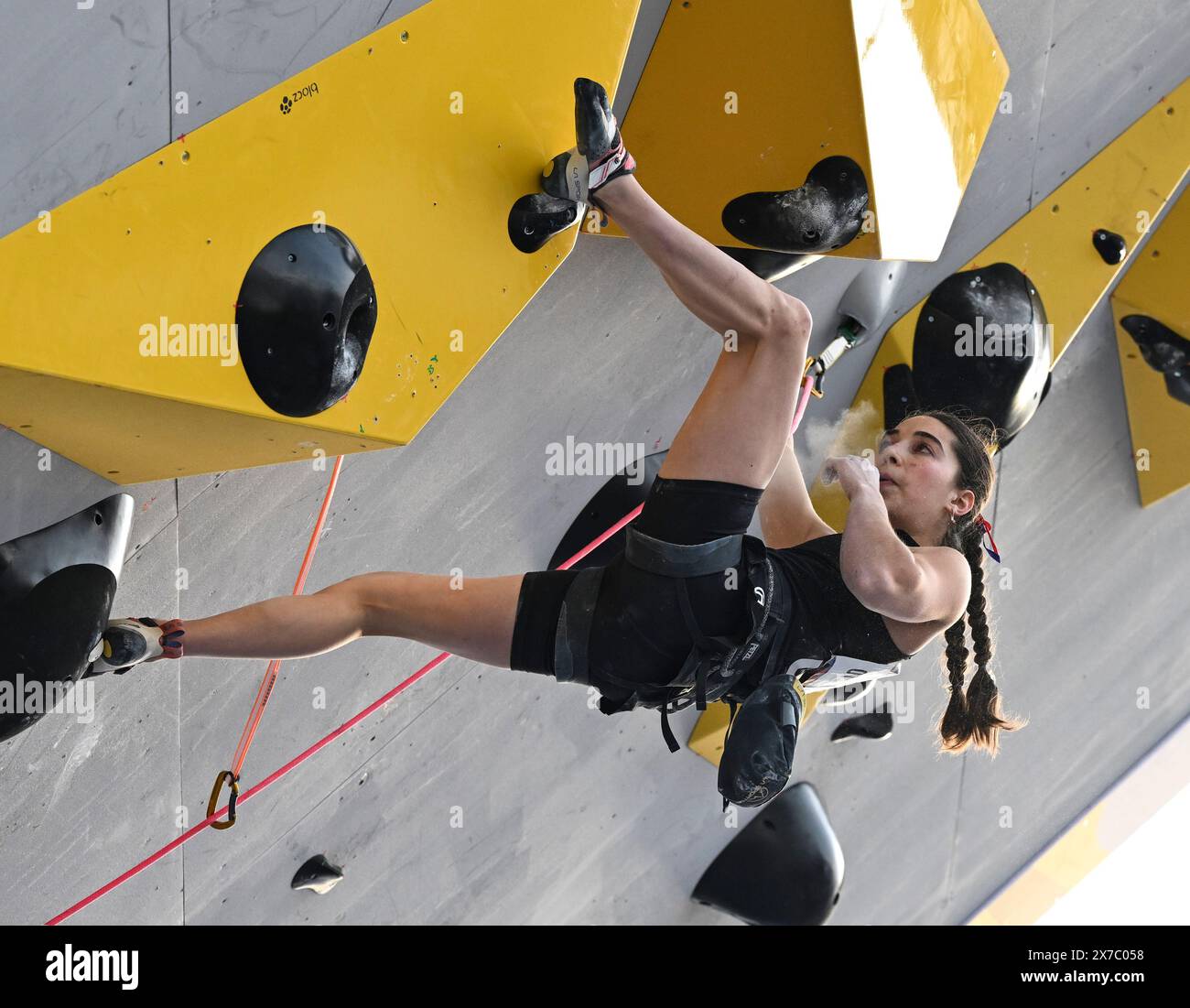 Shanghai. 19th May, 2024. Brooke Raboutou of the United States reacts during the lead climbing of the women's boulder & lead final of sport climbing at the Olympic Qualifier Series in east China's Shanghai, May 19, 2024. Credit: He Changshan/Xinhua/Alamy Live News Stock Photo