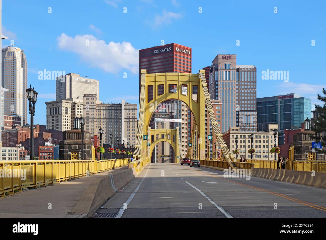PITTSBURGH, PENNSYLVANIA - AUGUST 8 2022: Partial skyline of downtown Pittsburgh, Pennsylvania viewed across the Andy Warhol bridge over the Allegheny Stock Photo