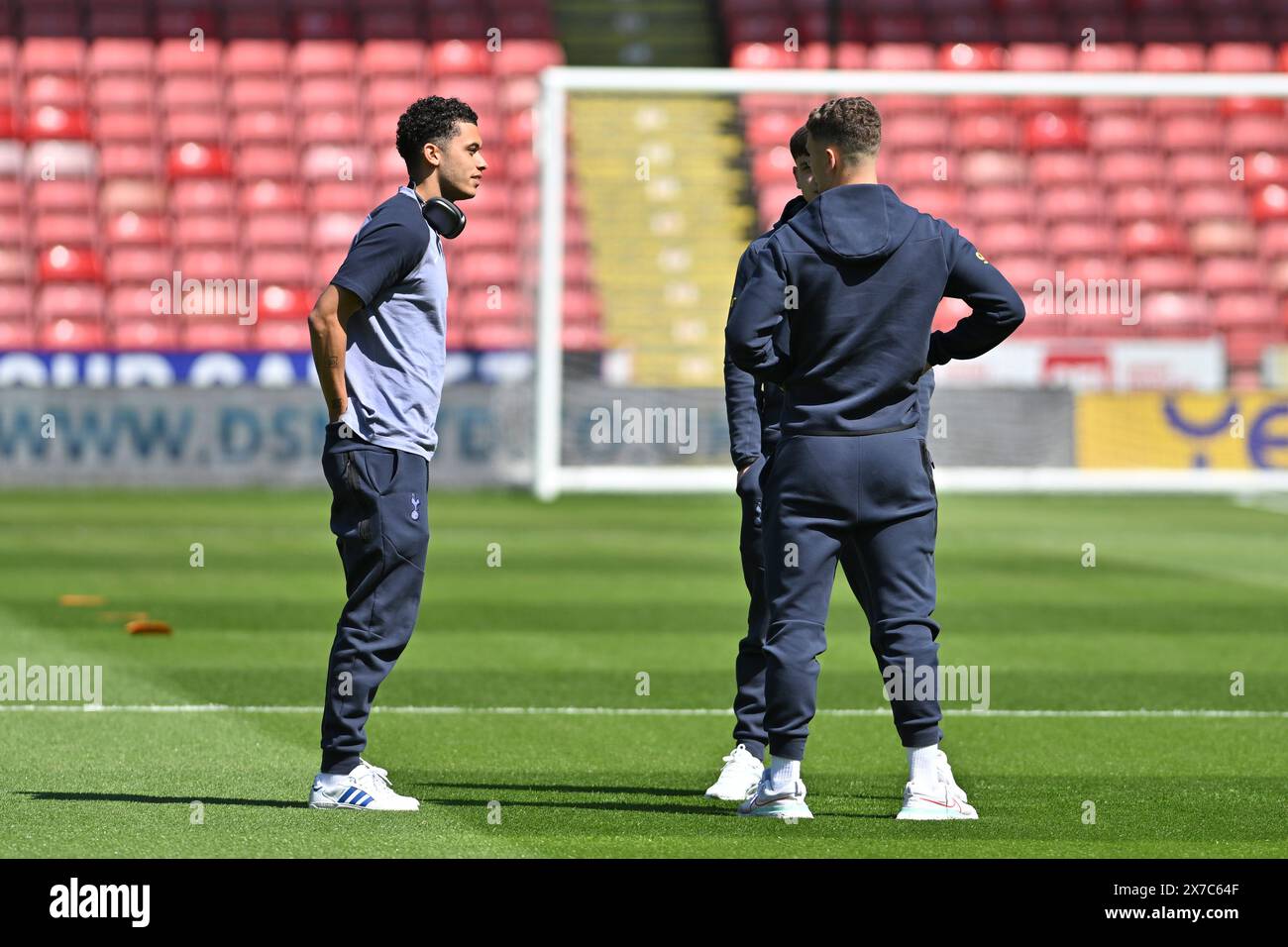 Bramall Lane, Sheffield, UK. 19th May, 2024. Premier League Football, Sheffield United versus Tottenham Hotspur; Brennan Johnson of Spurs chats with his teammates as he walks on to the pitch at Bramall Lane Credit: Action Plus Sports/Alamy Live News Stock Photo