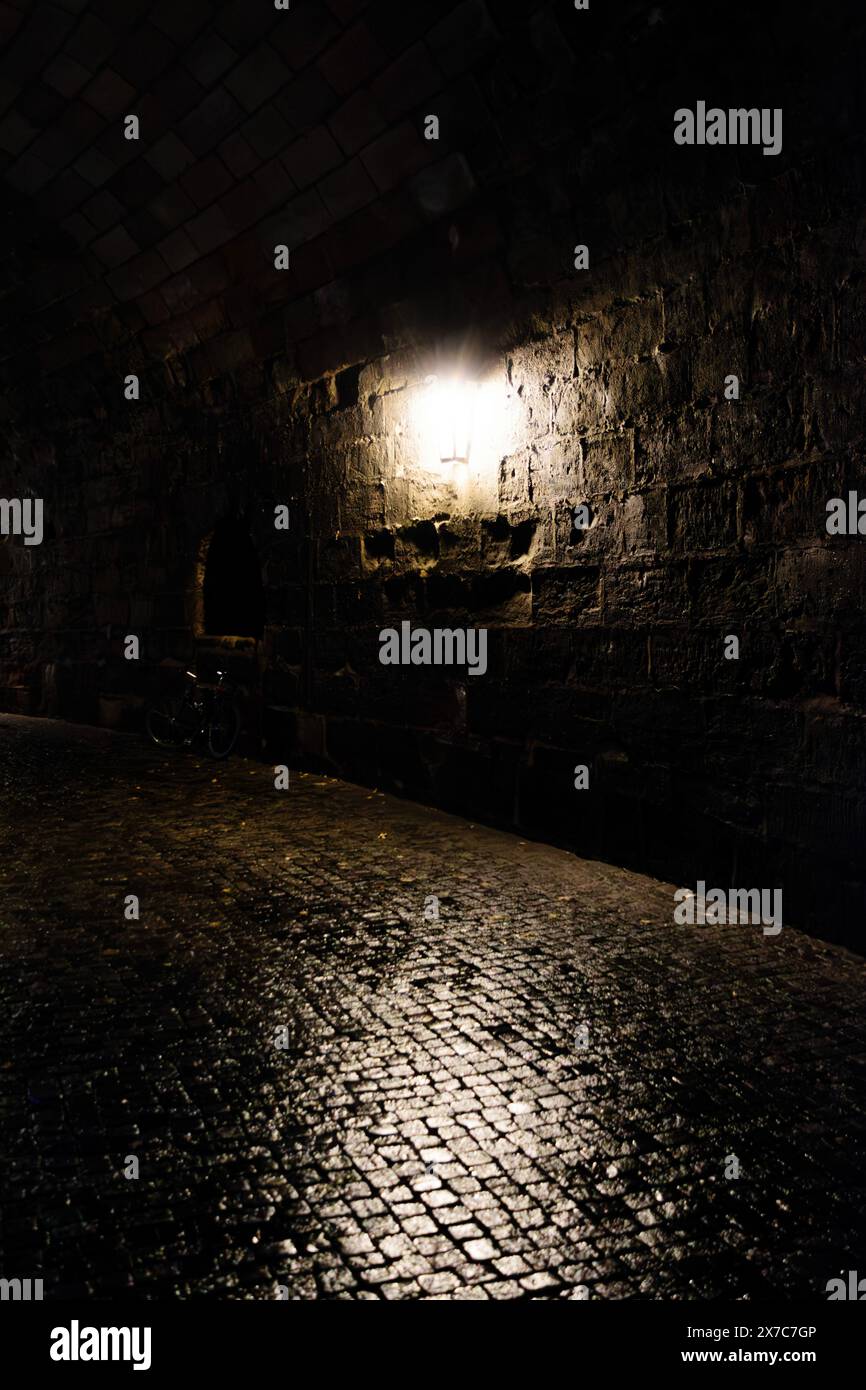 A dimly lit cobblestone street under a stone archway at night, with a ...