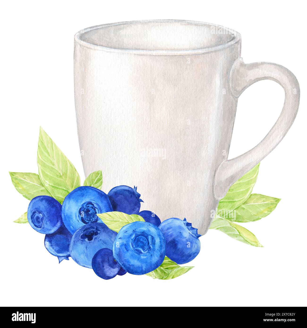 Blueberries and a cup, watercolor. Ripe berries, herbal tea in a white mug. Farm harvest, rustic style, botanical illustration. Clipart for packing yo Stock Photo