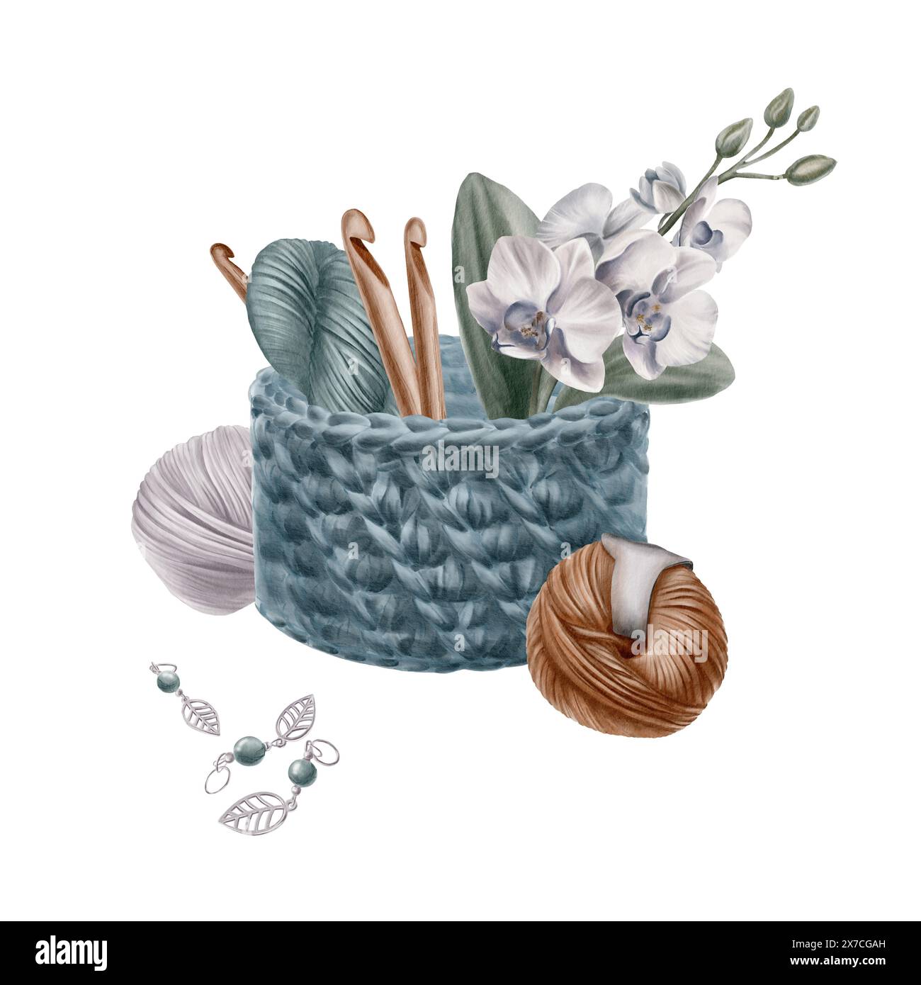 Crocheted basket with skeins of yarn, wooden hooks, with sprig and leaves of tropical white orchid flowers with buds and set of stitch metal markers Stock Photo