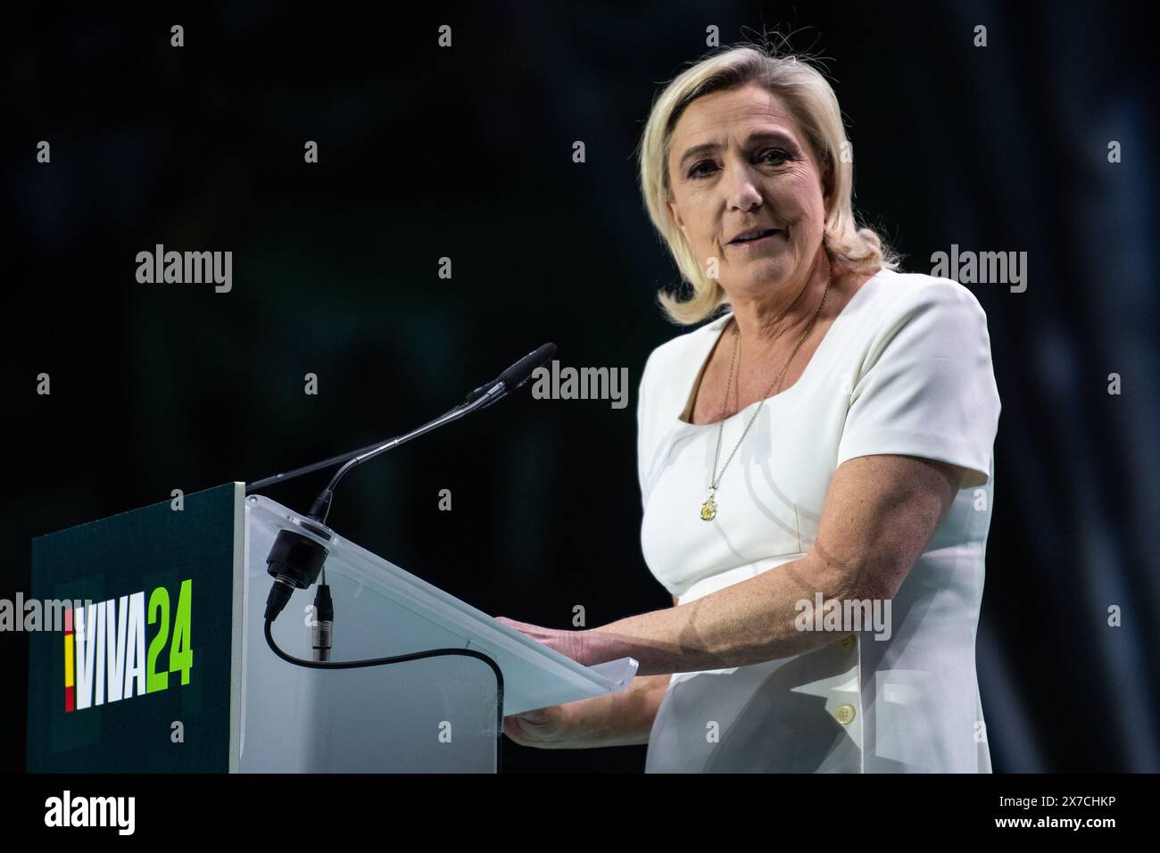 Madrid, Spain. 19th May, 2024. Marine Le Pen, President of the National Rally group in the National Assembly of France, speaking during the 'Europa Viva 24' conference organized by far right wing party Vox at Palacio de Vistalegre. Far right wing politicians from different countries have participated in the convention that takes place ahead the European elections. Credit: Marcos del Mazo/Alamy Live News Stock Photo