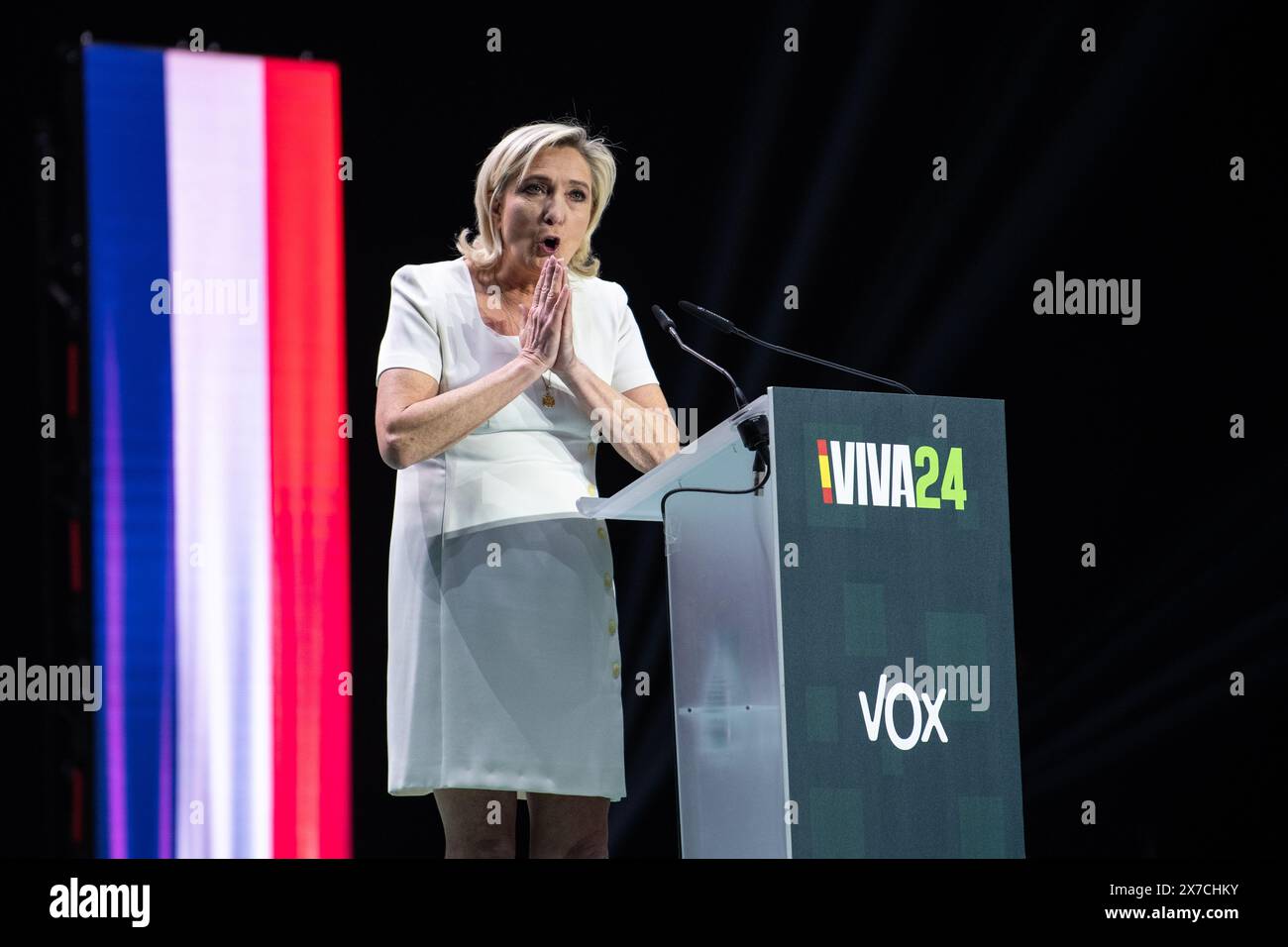 Madrid, Spain. 19th May, 2024. Marine Le Pen, President of the National Rally group in the National Assembly of France, speaking during the 'Europa Viva 24' conference organized by far right wing party Vox at Palacio de Vistalegre. Far right wing politicians from different countries have participated in the convention that takes place ahead the European elections. Credit: Marcos del Mazo/Alamy Live News Stock Photo