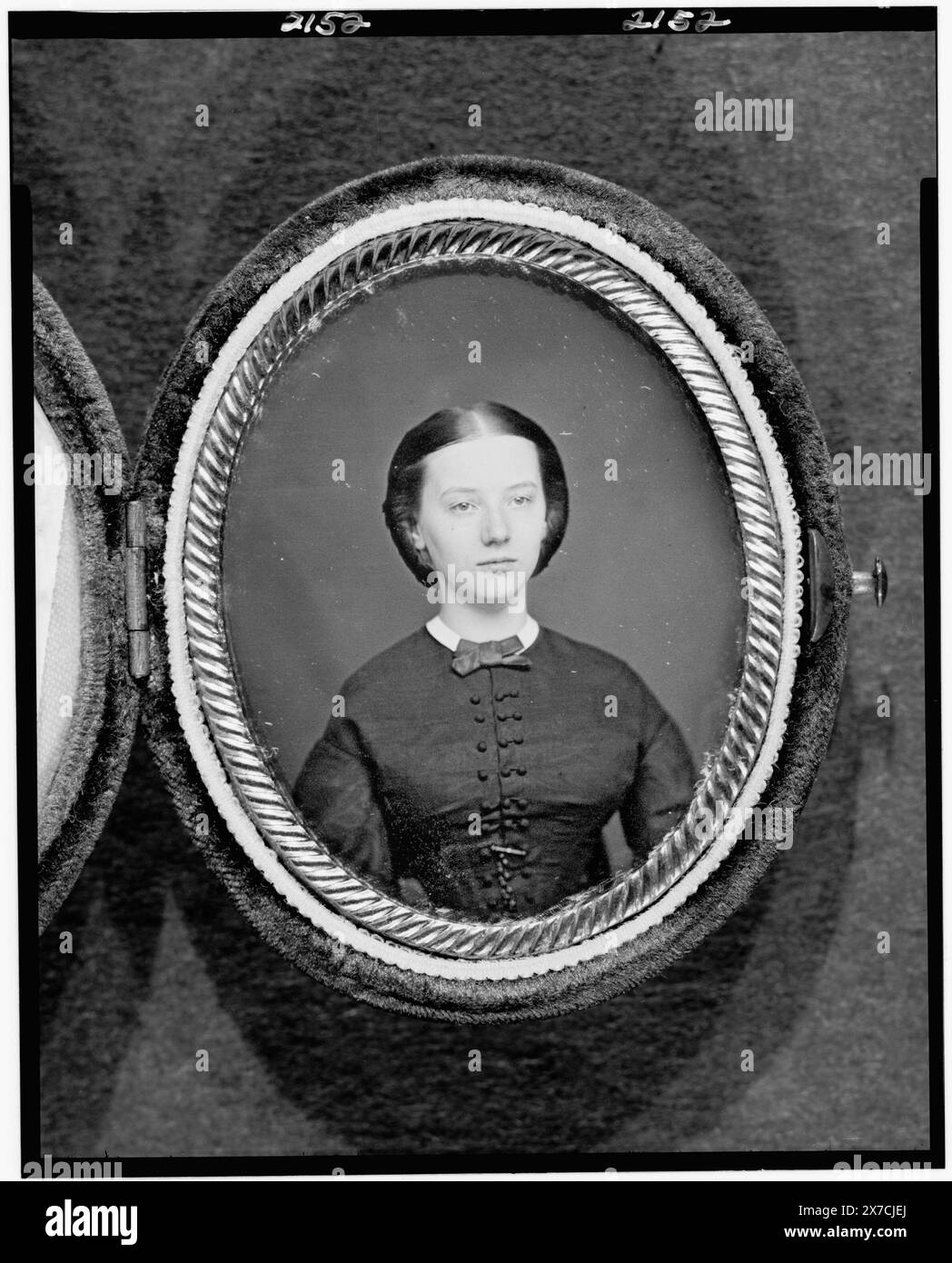 Augusta Currie Bradhurst Field, head-and-shoulders portrait of a woman, facing front, Photographer unidentified., Case: red velvet, push button., Accompanying note: Augusta C. Field. June 1862 16 years carried by H.H.F., Gift; Family of William B. Osgood Field; 1997; (DLC/PP-1999:155)., Forms part of: Daguerreotype collection  Field, Augusta Currie Bradhurst. Stock Photo