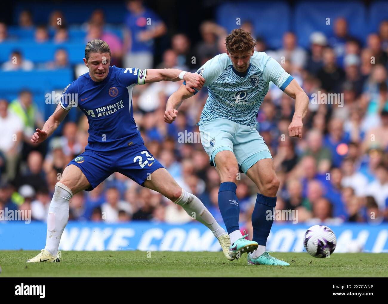 Chelsea, London, England. 19th May 2024; Stamford Bridge, Chelsea, London, England: Premier League Football, Chelsea versus Bournemouth; Conor Gallagher of Chelsea challenges Illya Zabarnyi of AFC Bournemouth Credit: Action Plus Sports Images/Alamy Live News Stock Photo