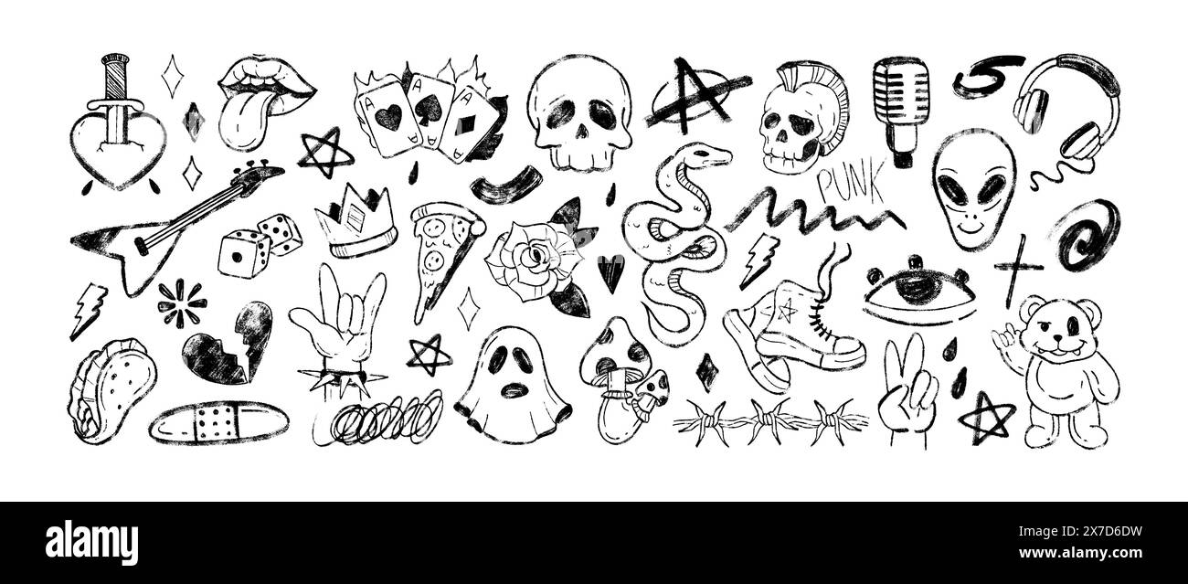 Black grafitti charcoal punk rock symbols. Hand drawn doodle rock n roll music icon with fly agaric, ace playing cards and broken heart. Chalk pencil rockstar sticker for heavy metal festival or party Stock Vector