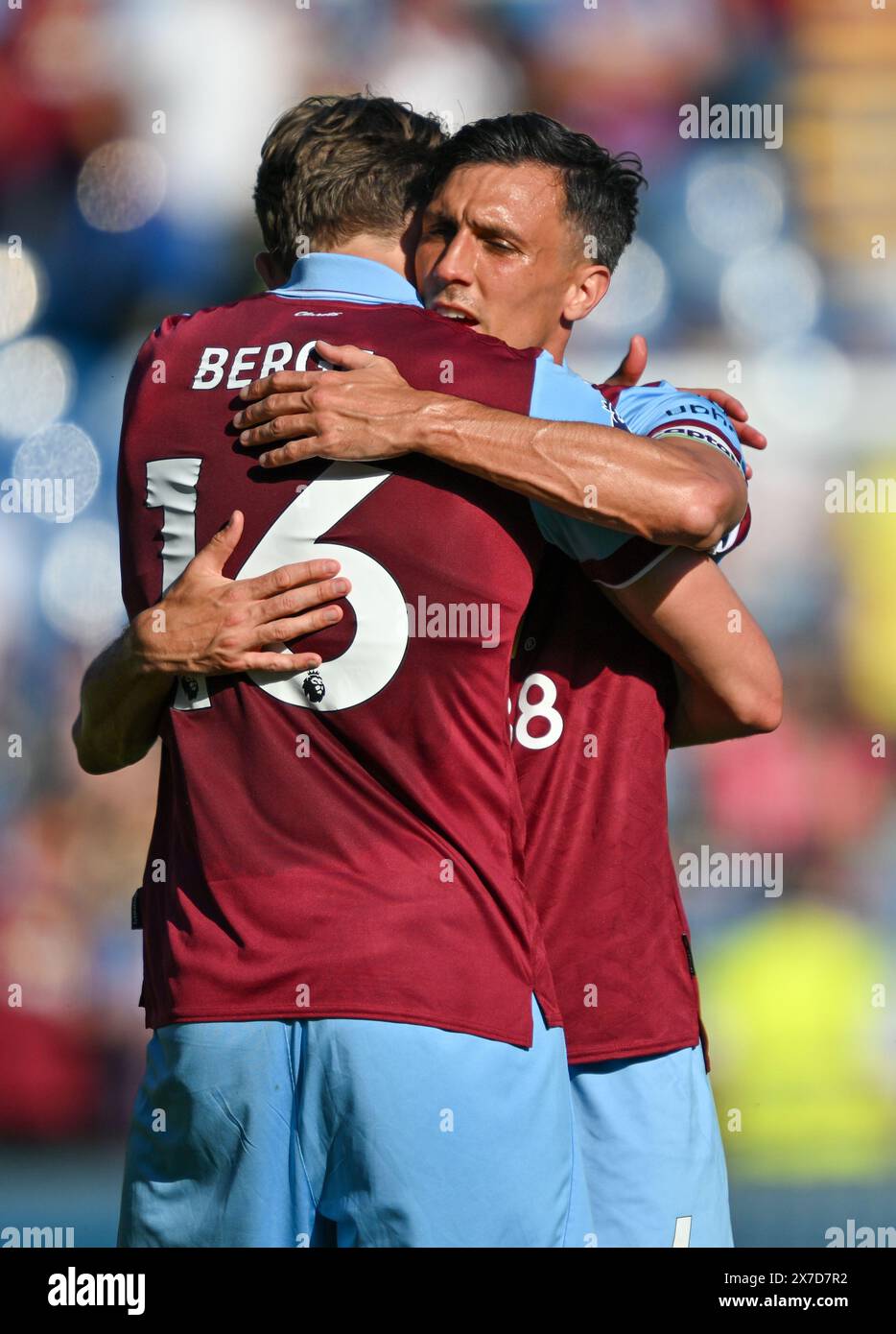 Turf Moor, Burnley, Lancashire, UK. 19th May, 2024. Premier League Football, Burnley versus Nottingham Forest; Jack Cork hugs Sander Berge of Burnley after the final whistle Credit: Action Plus Sports/Alamy Live News Stock Photo