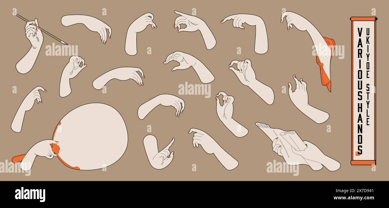 A set of illustrations of women's hands in ukiyo-e style. Stock Vector