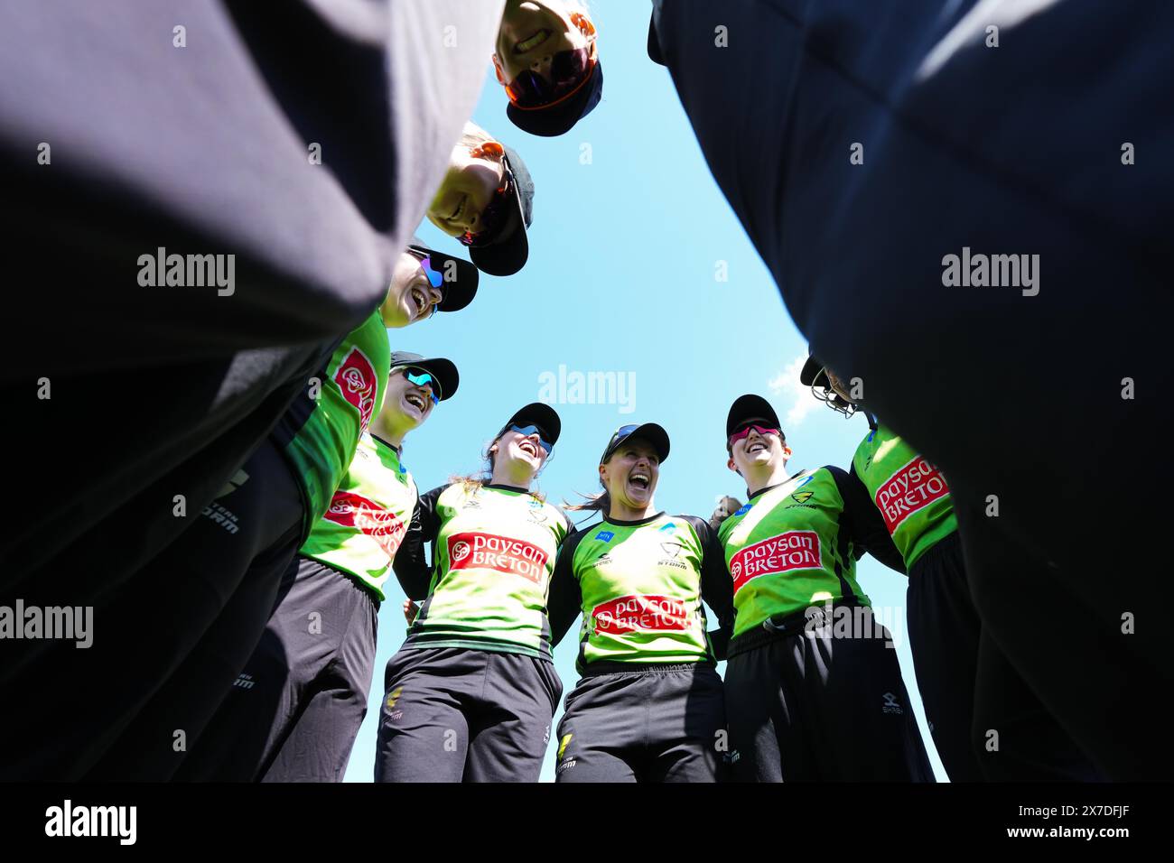 Bristol, UK, 19 May 2024. Western Storm huddle during the Charlotte Edwards Cup match between Western Storm and South East Stars. Credit: Robbie Stephenson/Gloucestershire Cricket/Alamy Live News Stock Photo