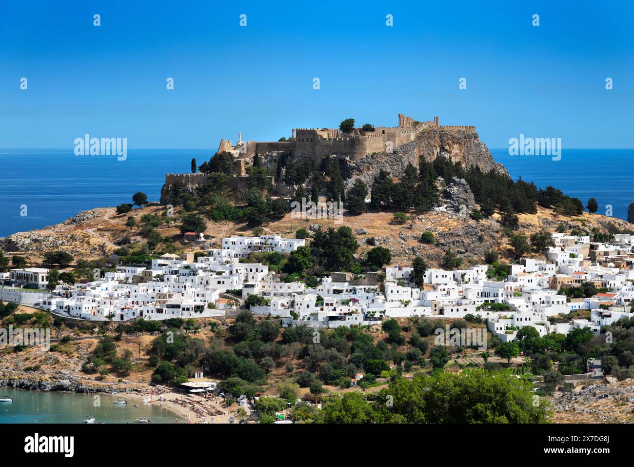 Lindos town and his Acropolis landscape view in Rhodes island, Greece ...