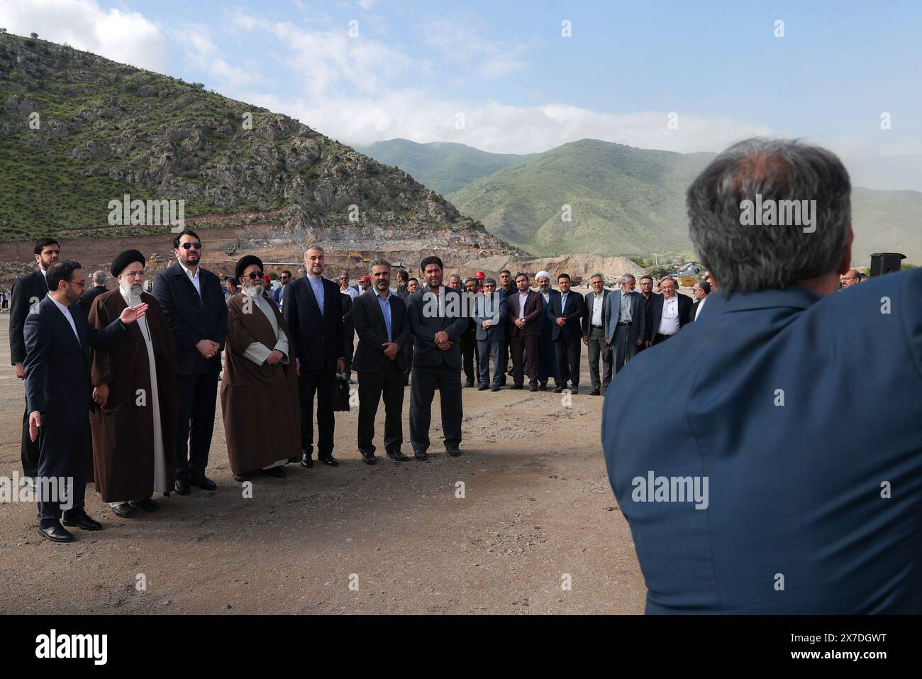 Qiz-Qalasi dam in north-western Iran. 19 May, 2024. JIranian President EBRAHIM RAISI (2-L), Iranian Road and Urban Minister MEHRDAD BAZRPASH (3-L), and Iranian Foreign Minister Hossein AMIR-ABDOLAHIAN (3-R) at the site of the Iran-Azerbaijan-constructed Qiz-Qalasi dam at the Aras River at the Iran and Azerbaijan shared border in north-western Iran, 19 May 2024. According to Iranian state media, a helicopter carrying Iranian President Ebrahim Raisi has suffered a 'hard landing, ' giving no further information about the incident. Credit: ZUMA Press, Inc./Alamy Live News Stock Photo